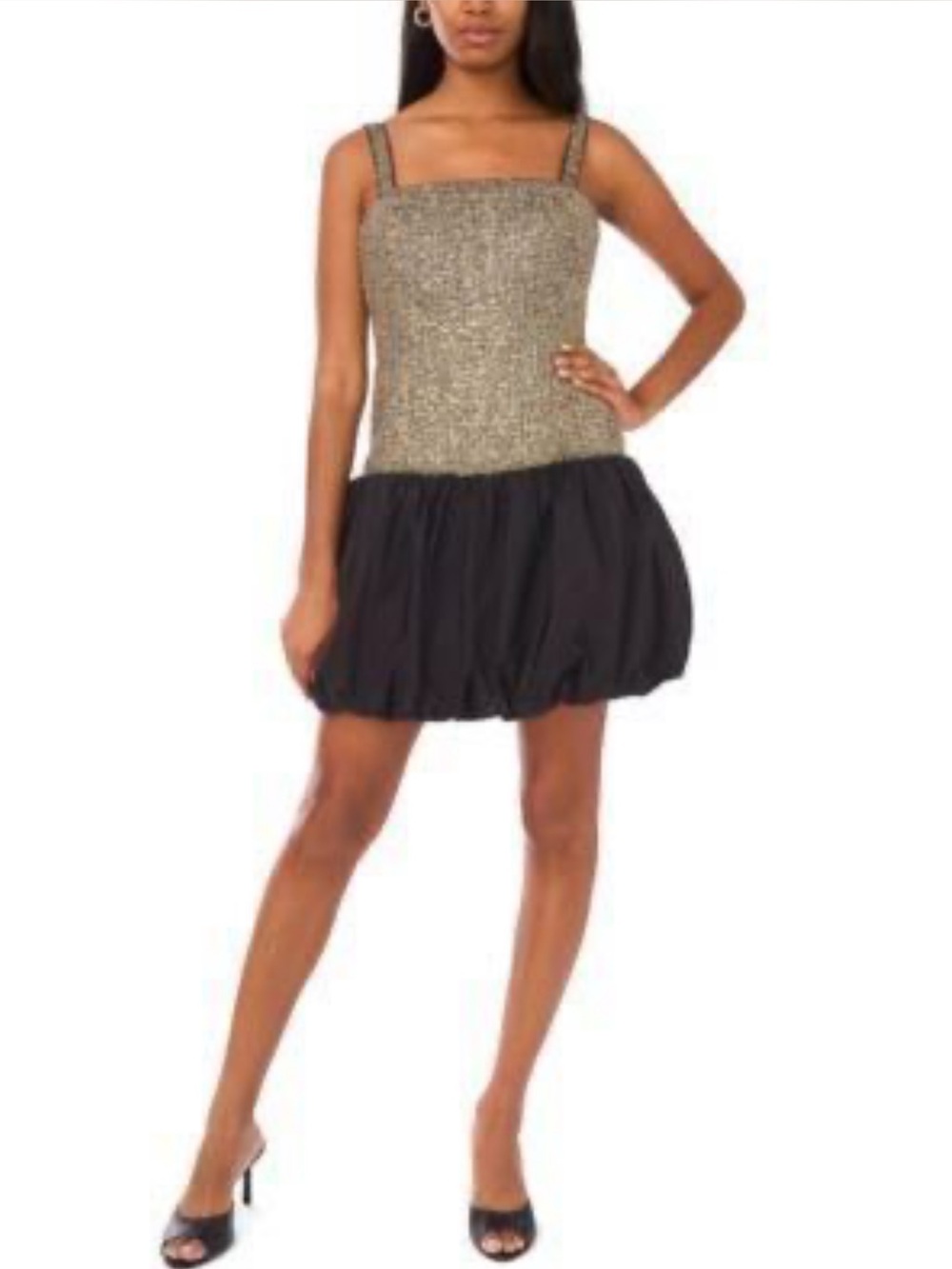 CeCe Gold Sequin Bodice with Black Bubble Skirt Dress